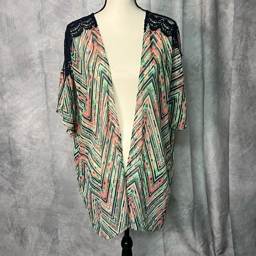 HINT Multi Color Lace Accented Open Front Semi-Sheer Cardigan - XL